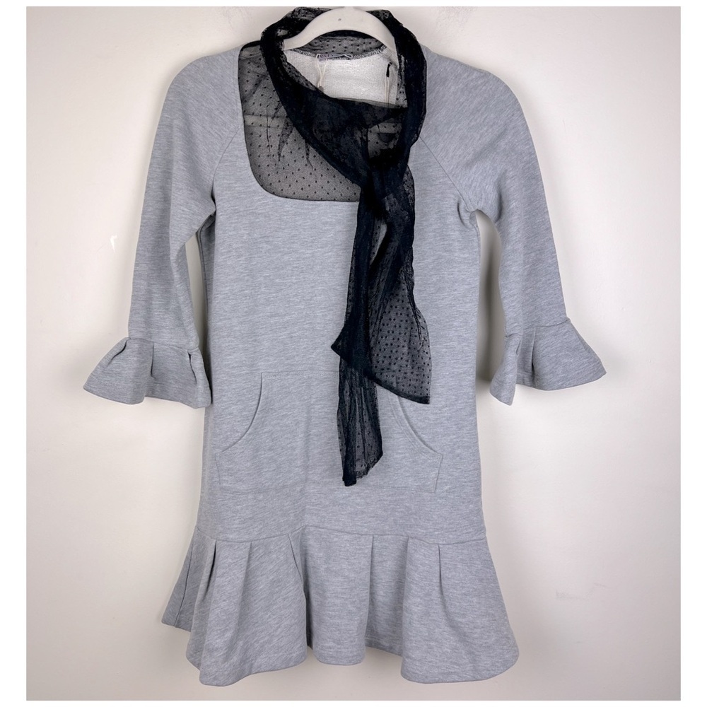 RED Valentino Grey French Terry Ruffle Flounce Mini Dress Black Lace Neck Tie S